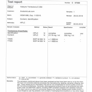 Valkyrie Pharmaceutical Trenbolone E 200 lab report (March 27, 2018)