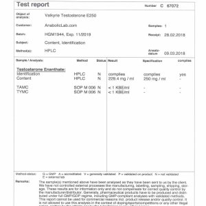 Valkyrie Pharmaceutical Testosterone E250 lab report (March 27, 2018)