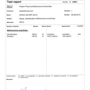 Paxton Pharmaceuticals Methenolone Enanthate lab report (August 24, 2015)