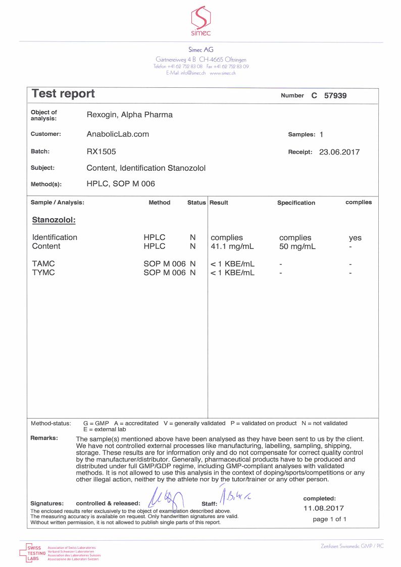 Alpha Pharma Rexogin lab report (August 11, 2017)