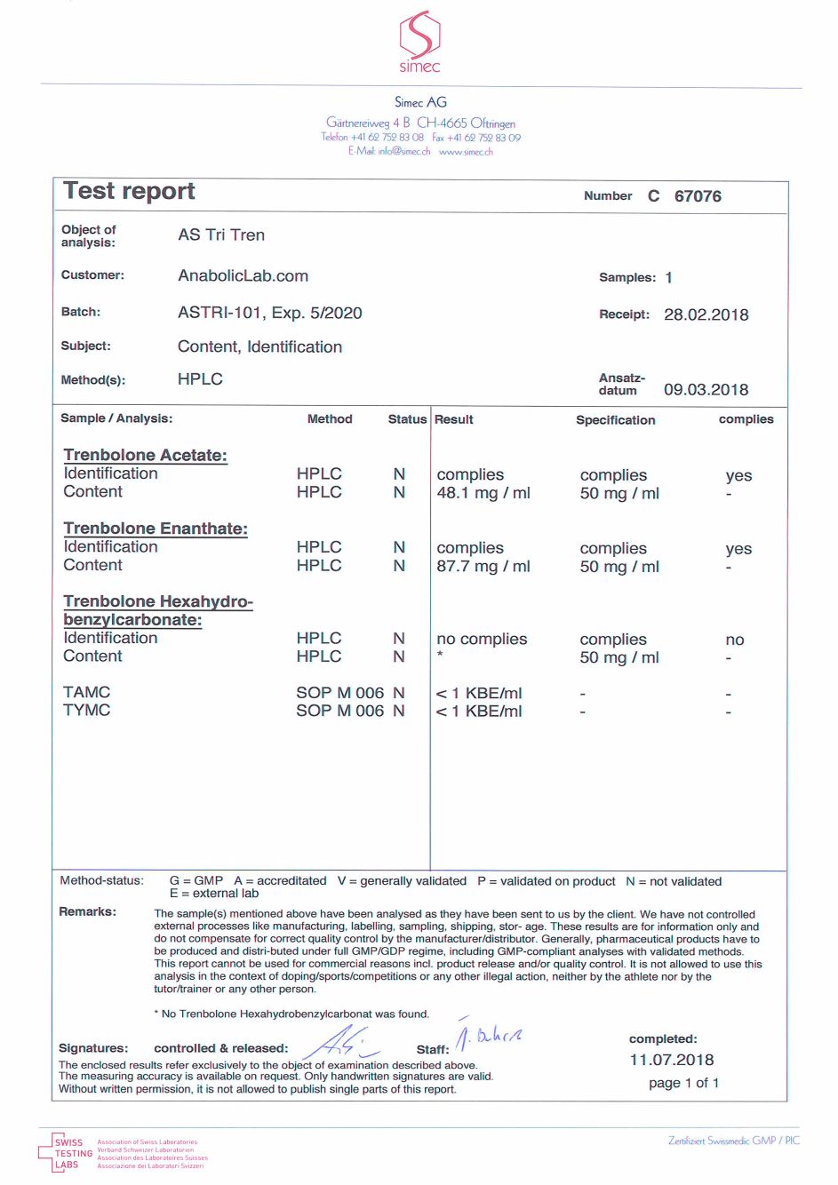 AS Labs Tri-Tren lab report (July 11, 2018)