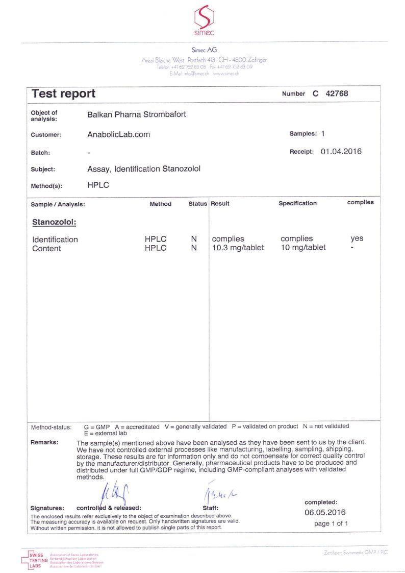 Balkan Pharma Strombafort lab report (May 6, 2016)