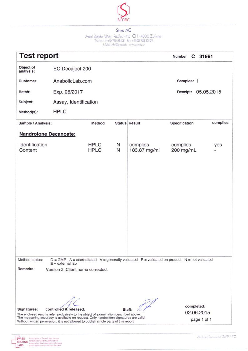 EuroChem Labs EC Decaject 200 lab report (June 2, 2015)