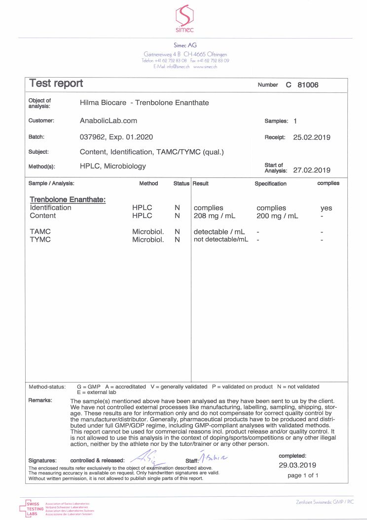 Hilma Biocare Trenbolone Enanthate lab report (March 29, 2019)