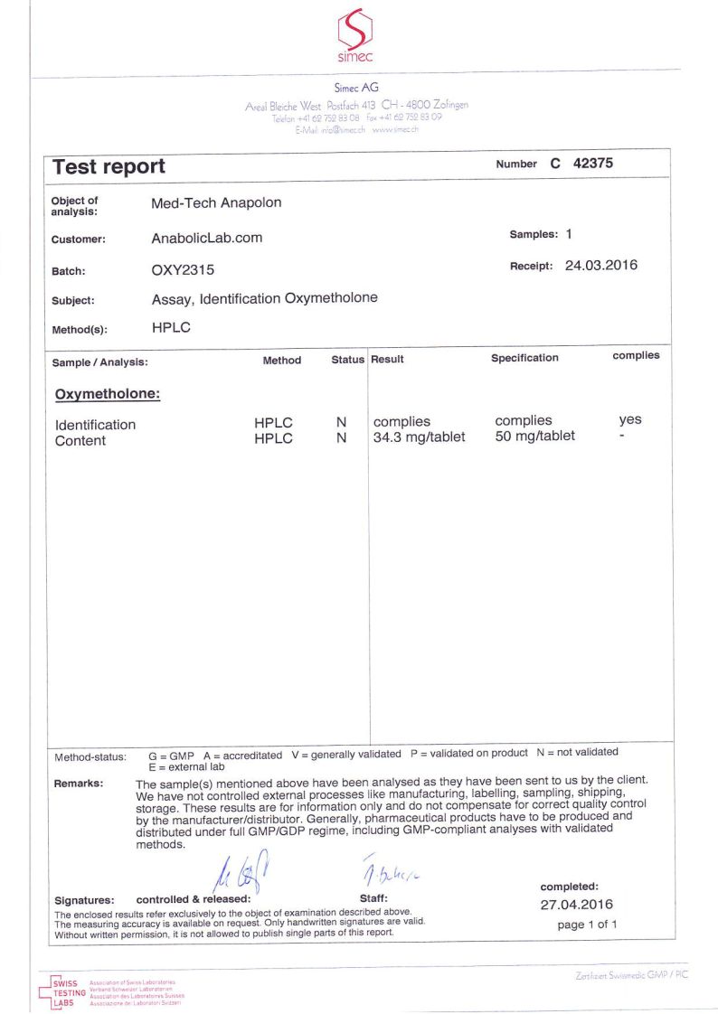 Med-Tech Solutions Anapolon lab report (April 27, 2016)
