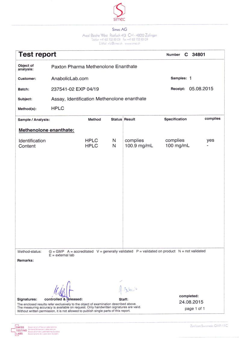 Paxton Pharmaceuticals Methenolone Enanthate lab report (August 24, 2015)