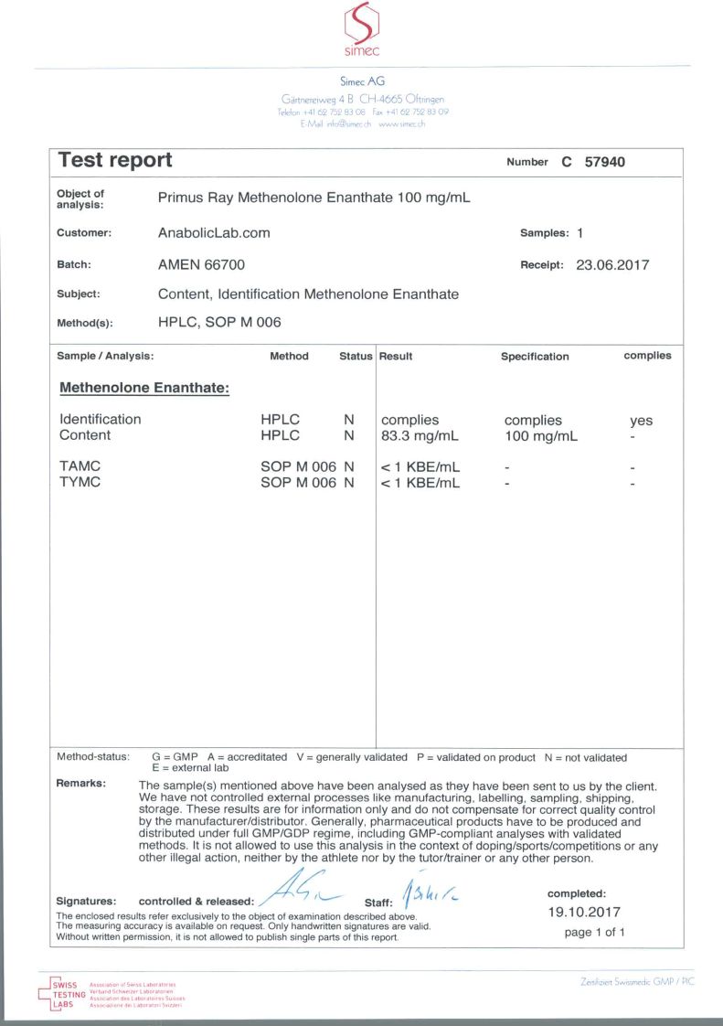 Primus Ray Laboratories Methenolone Enanthate lab report (October 19, 2017)