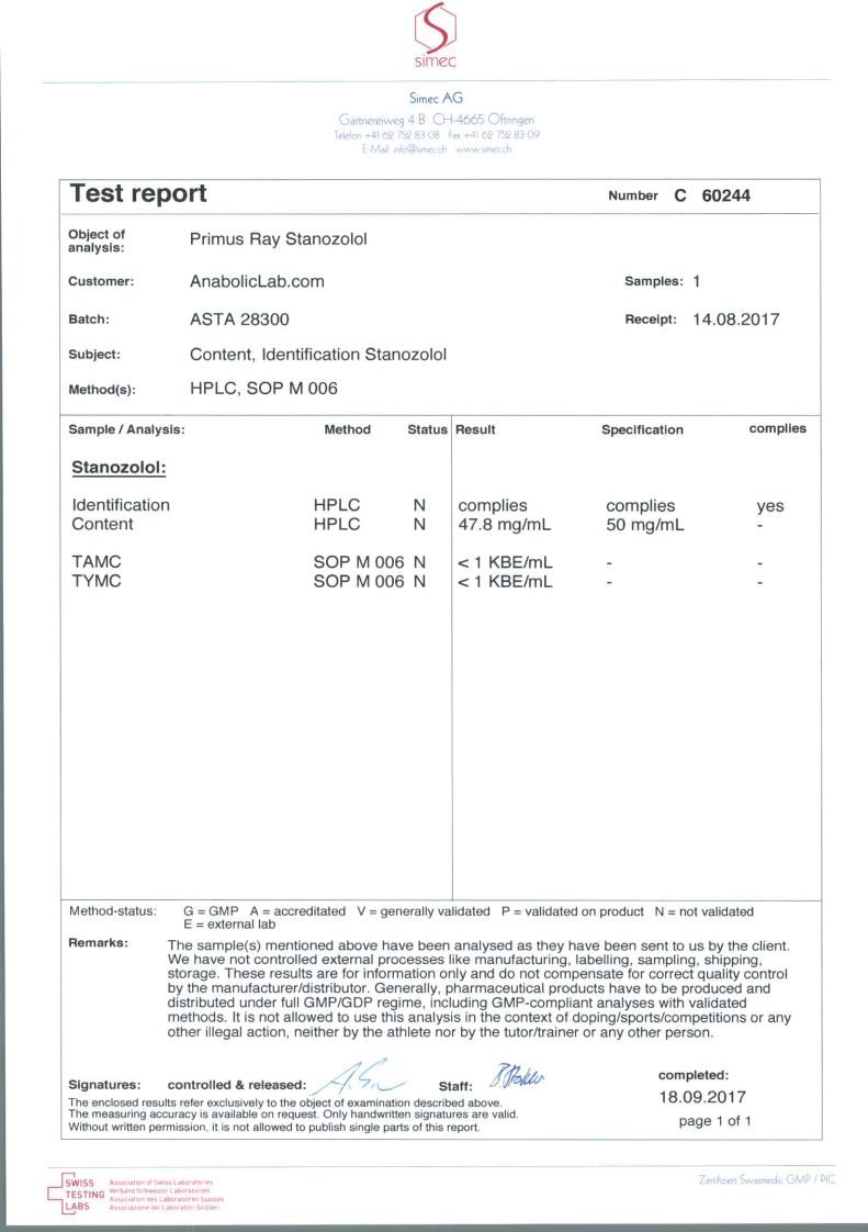 Primus Ray Laboratories Stanozolol lab report (September 18, 2017)