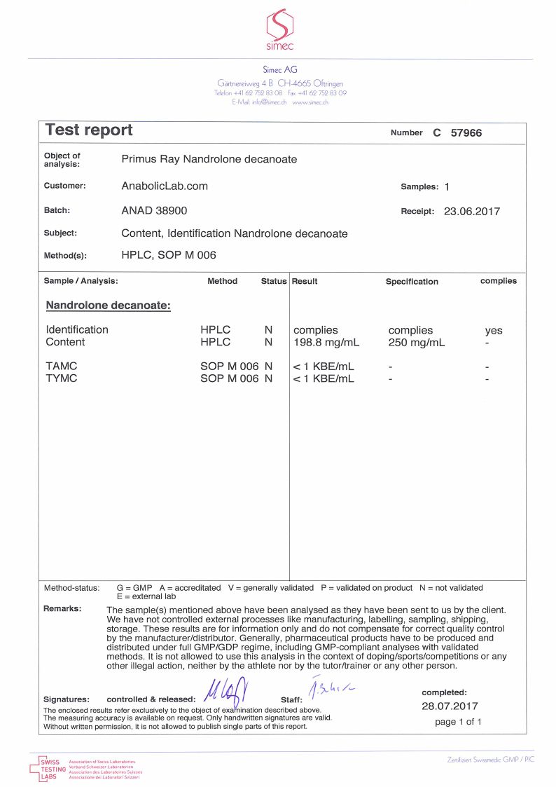 Primus Ray Labs Nandrolone Decanoate lab report (July 28, 2017)
