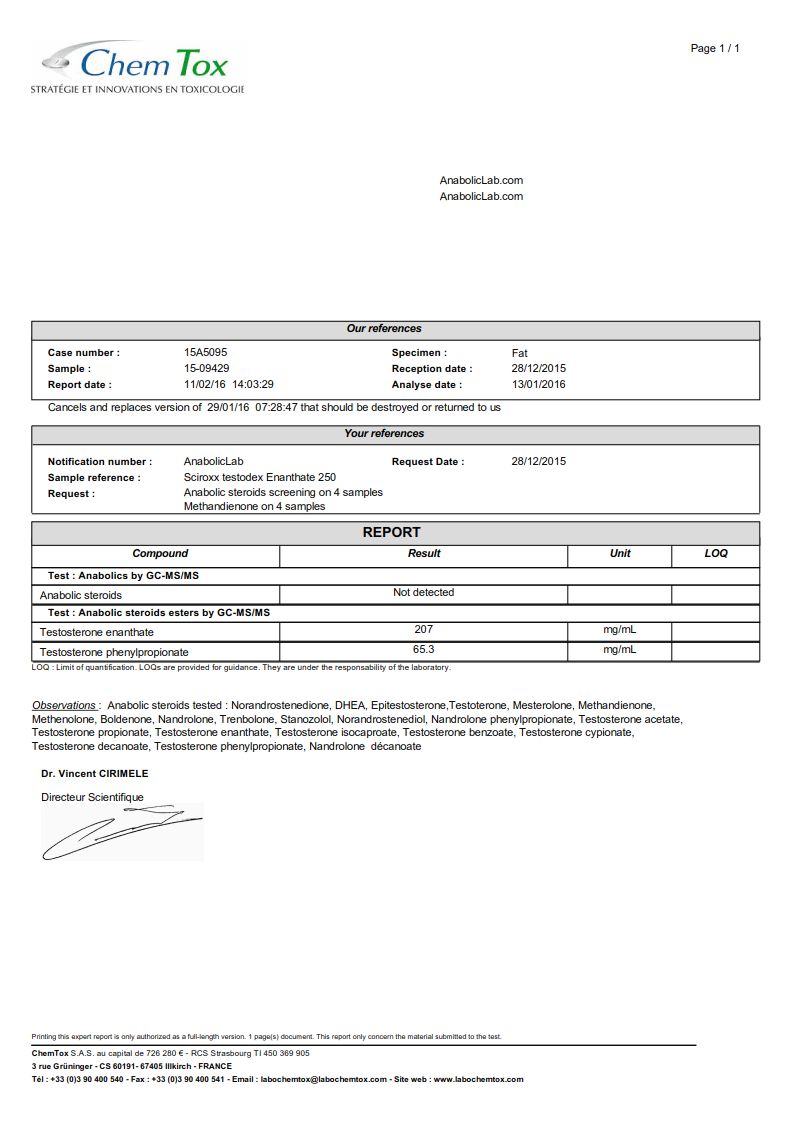 Sciroxx Testodex Enanthate 250 lab report (February 11, 2016)