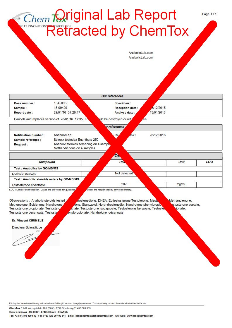 Sciroxx Testodex Enanthate 250 lab report (January 29, 2016) - retracted by ChemTox