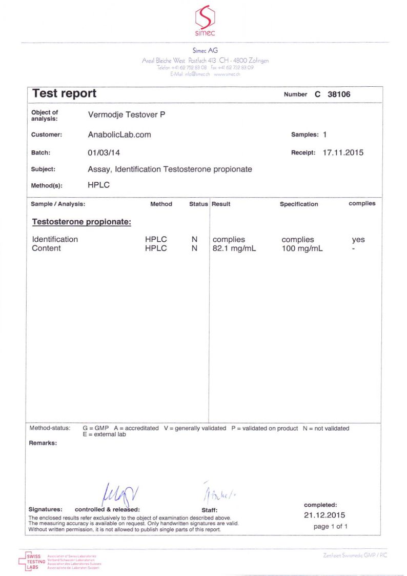 Vermodje Testosterone Propionate lab report (December 21, 2015)